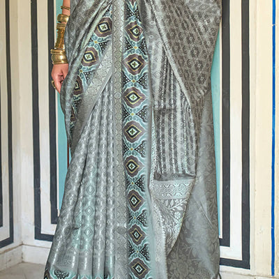 Lassitude Grey Digital Printed Soft Silk Saree With Desiring Blouse Piece