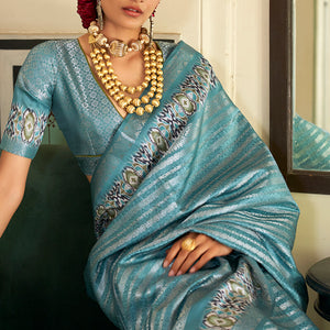 Precious Firozi Digital Printed Soft Silk Saree With Sizzling Blouse Piece