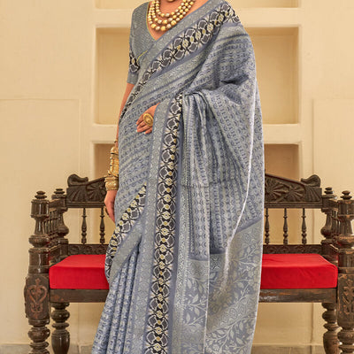 Trendy Silver Digital Printed Soft Silk Saree With Glorious Blouse Piece