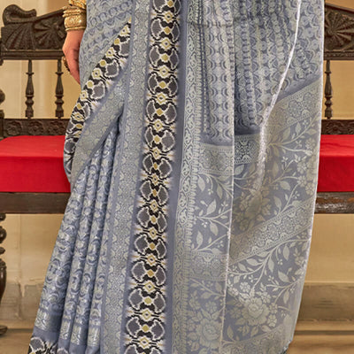 Trendy Silver Digital Printed Soft Silk Saree With Glorious Blouse Piece