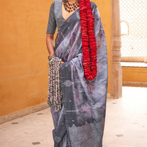 Gleaming Grey Digital Printed Cotton Silk Saree With Delightful Blouse Piece