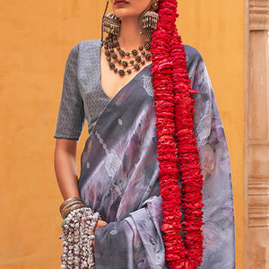 Gleaming Grey Digital Printed Cotton Silk Saree With Delightful Blouse Piece