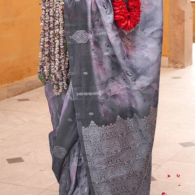 Gleaming Grey Digital Printed Cotton Silk Saree With Delightful Blouse Piece