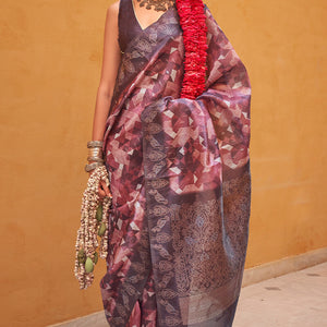 Tremendous Wine Digital Printed Cotton Silk Saree With Amazing Blouse Piece