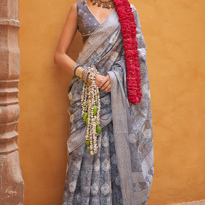 Unequalled Grey Digital Printed Cotton Silk Saree With Zephyr Blouse Piece