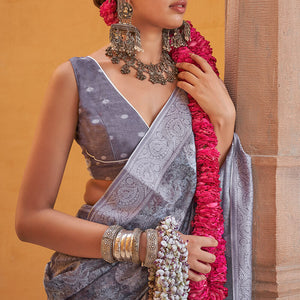 Unequalled Grey Digital Printed Cotton Silk Saree With Zephyr Blouse Piece