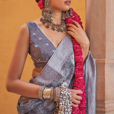 Unequalled Grey Digital Printed Cotton Silk Saree With Zephyr Blouse Piece