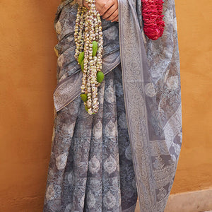 Unequalled Grey Digital Printed Cotton Silk Saree With Zephyr Blouse Piece