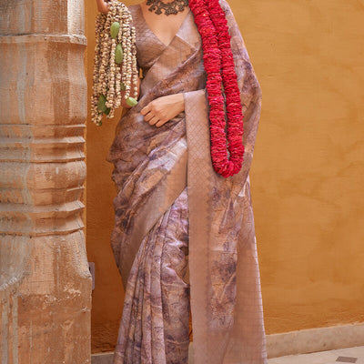 Divine Brown Digital Printed Cotton Silk Saree With Dalliance Blouse Piece
