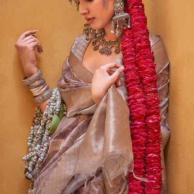 Divine Brown Digital Printed Cotton Silk Saree With Dalliance Blouse Piece