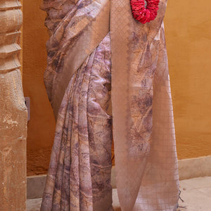 Divine Brown Digital Printed Cotton Silk Saree With Dalliance Blouse Piece