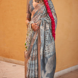 Skinny Grey Digital Printed Cotton Silk Saree With Gratifying Blouse Piece