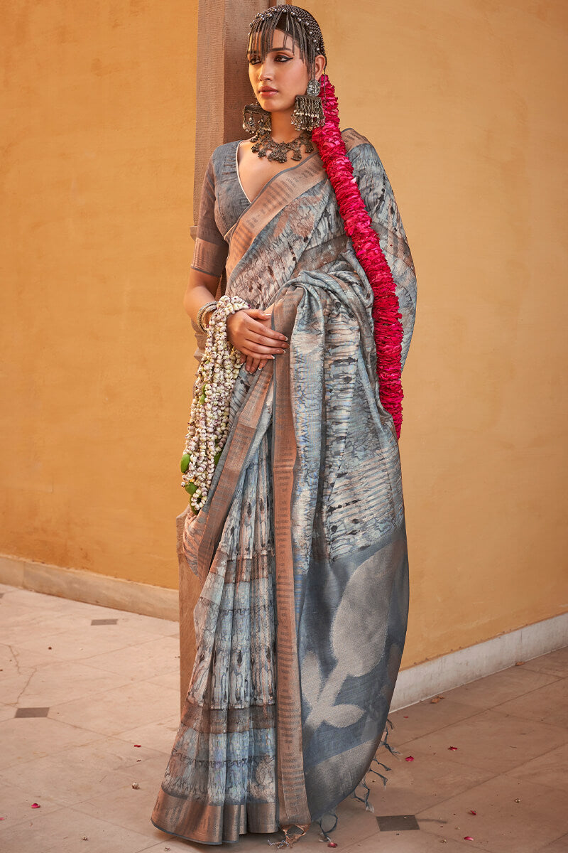 Skinny Grey Digital Printed Cotton Silk Saree With Gratifying Blouse Piece