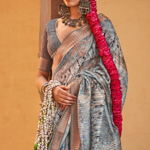Skinny Grey Digital Printed Cotton Silk Saree With Gratifying Blouse Piece