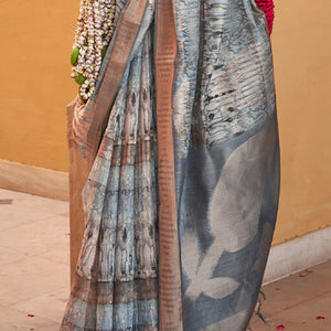 Skinny Grey Digital Printed Cotton Silk Saree With Gratifying Blouse Piece