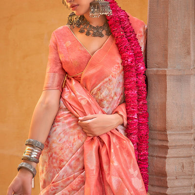 Enticing Peach Digital Printed Cotton Silk Saree With Panache Blouse Piece