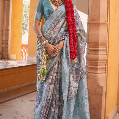 Delectable Grey Digital Printed Cotton Silk Saree With Captivating Blouse Piece