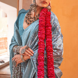 Delectable Grey Digital Printed Cotton Silk Saree With Captivating Blouse Piece