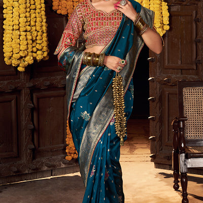 Lovely Teal Blue Pure Viscose Dola Silk Saree With Exceptional Blouse Piece