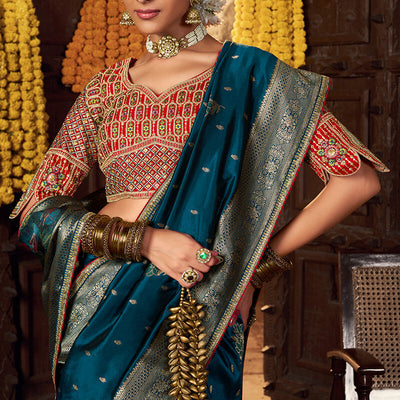 Lovely Teal Blue Pure Viscose Dola Silk Saree With Exceptional Blouse Piece