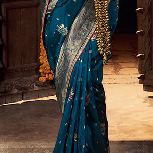 Lovely Teal Blue Pure Viscose Dola Silk Saree With Exceptional Blouse Piece
