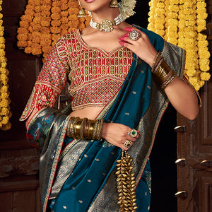 Lovely Teal Blue Pure Viscose Dola Silk Saree With Exceptional Blouse Piece