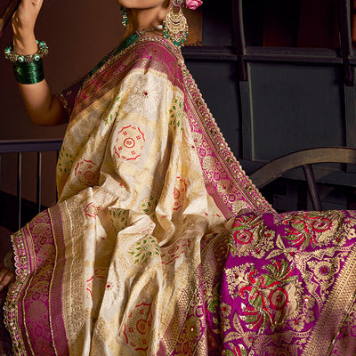 Amiable Beige Pure Viscose Dola Silk Saree With Luxuriant Blouse Piece