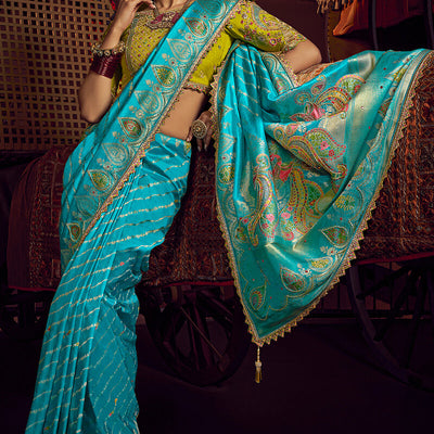 Precious Firozi Pure Viscose Dola Silk Saree With Blooming Blouse Piece