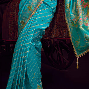 Precious Firozi Pure Viscose Dola Silk Saree With Blooming Blouse Piece