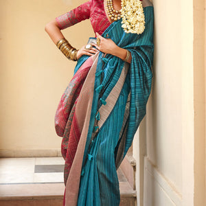 Serendipity Teal Blue Cotton Silk Saree With Artistic Blouse Piece