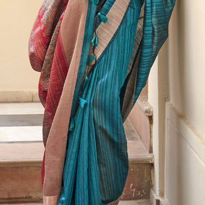Serendipity Teal Blue Cotton Silk Saree With Artistic Blouse Piece