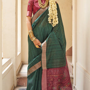 Opulent Dark Green Cotton Silk Saree With Enamoring Blouse Piece