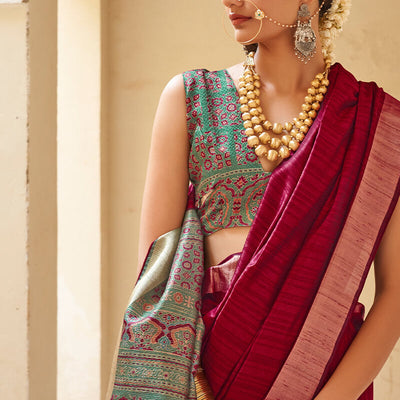 Captivating Wine Cotton Silk Saree With Nemesis Blouse Piece