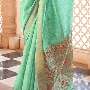 Embrocation Turquoise Cotton Silk Saree With Blooming Blouse Piece