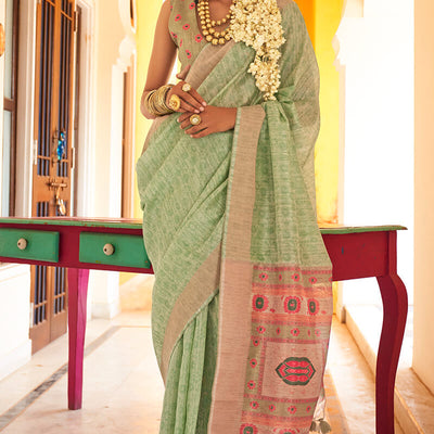 Bewitching Pista Cotton Silk Saree With Invaluable Blouse Piece