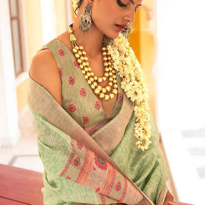 Bewitching Pista Cotton Silk Saree With Invaluable Blouse Piece