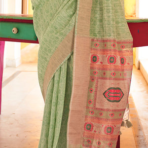 Bewitching Pista Cotton Silk Saree With Invaluable Blouse Piece