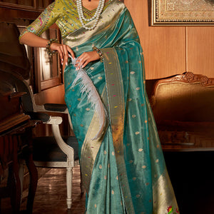 Splendorous Turquoise Paithani Silk Saree With Appealing Blouse Piece