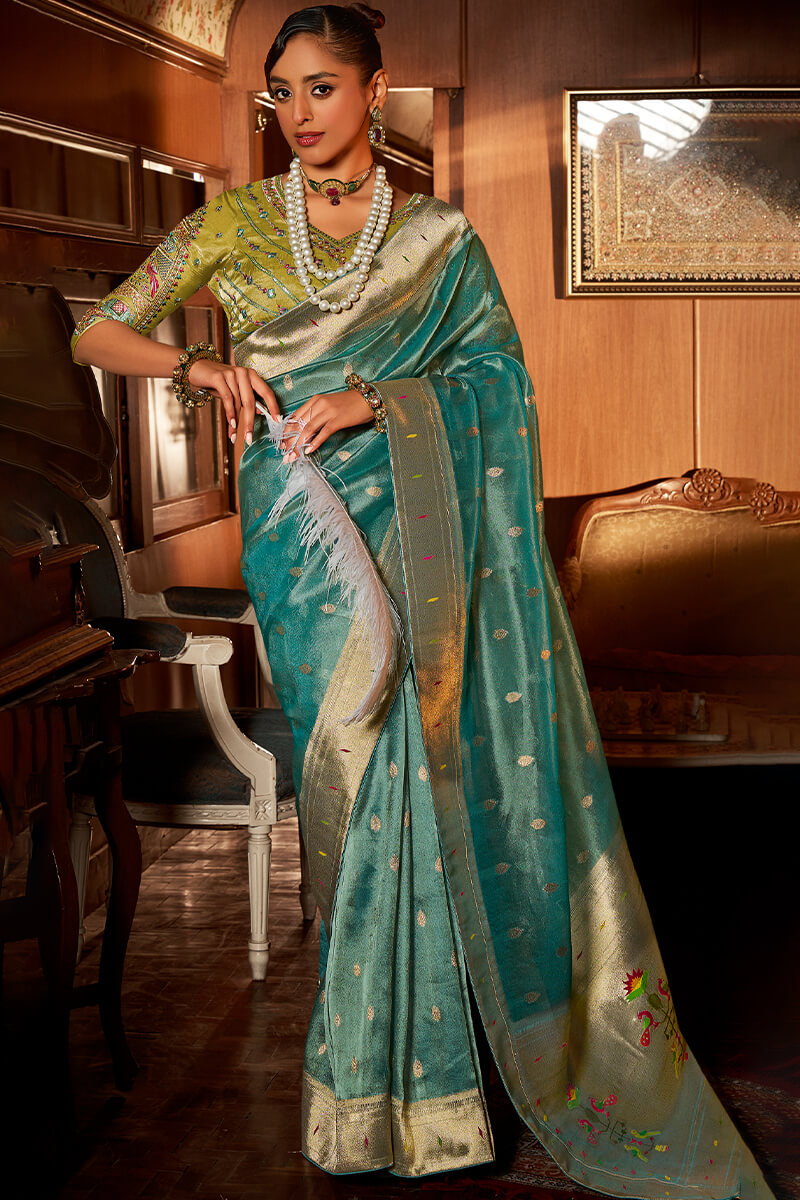 Splendorous Turquoise Paithani Silk Saree With Appealing Blouse Piece