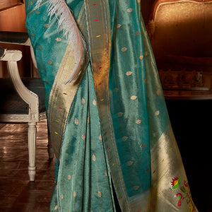 Splendorous Turquoise Paithani Silk Saree With Appealing Blouse Piece