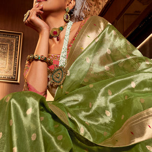 Fugacious Green Paithani Silk Saree With Amazing Blouse Piece