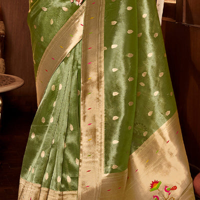 Fugacious Green Paithani Silk Saree With Amazing Blouse Piece