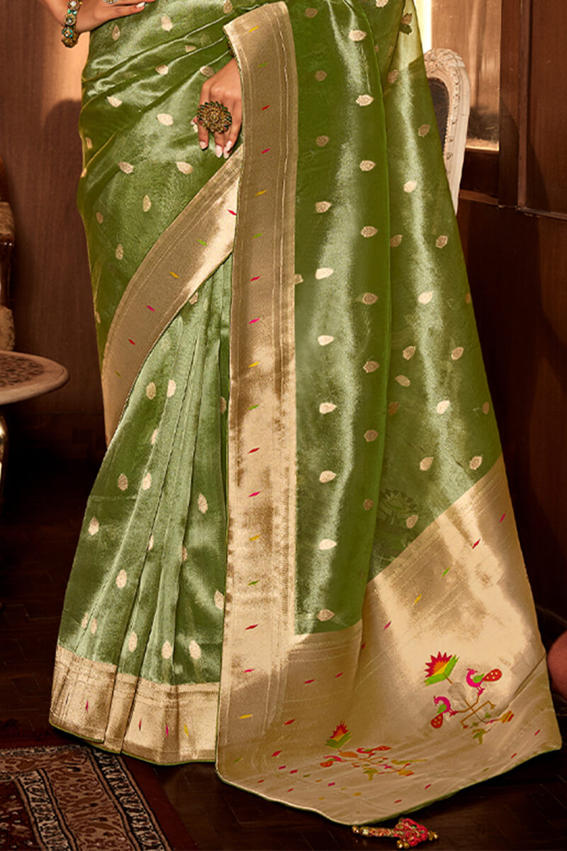 Fugacious Green Paithani Silk Saree With Amazing Blouse Piece