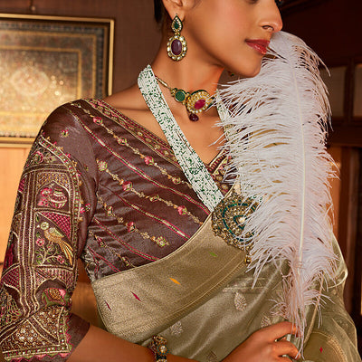 Adorable Pista Paithani Silk Saree With Ideal Blouse Piece
