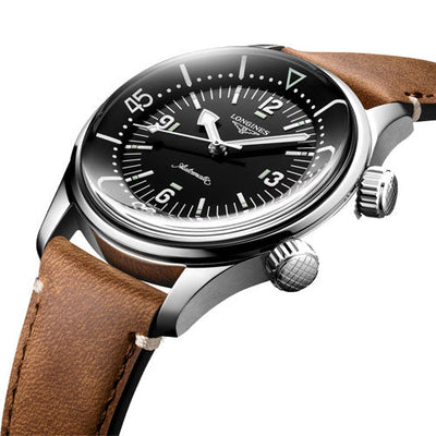 Longines Legend Diver Black Lacquered Polished Dial & Brown Strap Unisex Watch
