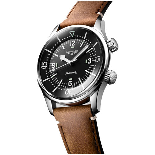 Longines Legend Diver Black Lacquered Polished Dial & Brown Strap Unisex Watch