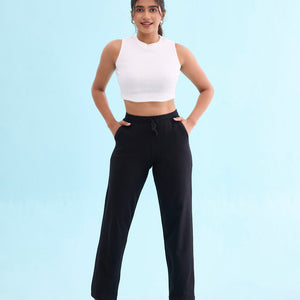 Women Solid Black Mid Rise Track Pant