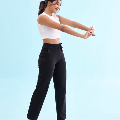 Women Solid Black Mid Rise Track Pant