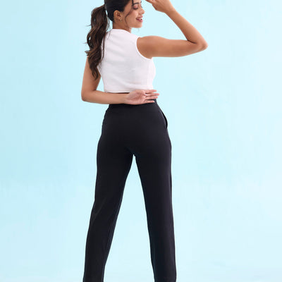 Women Solid Black Mid Rise Track Pant