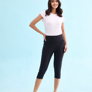 Women Solid Black High Rise Training Capri